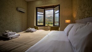 A hotel room with a bed, a table with chairs, a window with a view of mountains, and a wall-mounted heater.