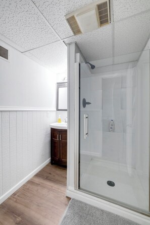 Hair dryer, towels, soap, shampoo