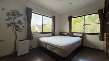 A room with a bed, two windows, a ceiling light, and a wall-mounted air conditioner.