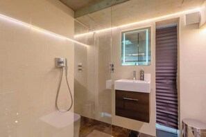 A modern bathroom with a glass shower enclosure, a white sink, and a mirror above it.