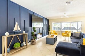 Smart TV, fireplace, books