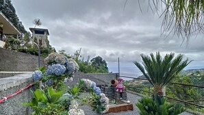 Un jardín en la azotea con un muro de piedra, una pequeña figurita rosa y vistas del paisaje circundante.