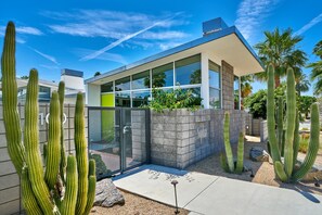 Un edifici modern amb façana de vidre, envoltat de cactus i palmeres.