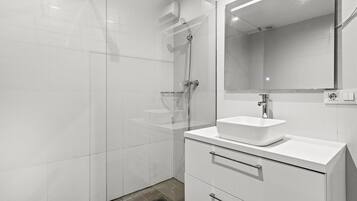 Douche, serviettes fournies, papier toilette