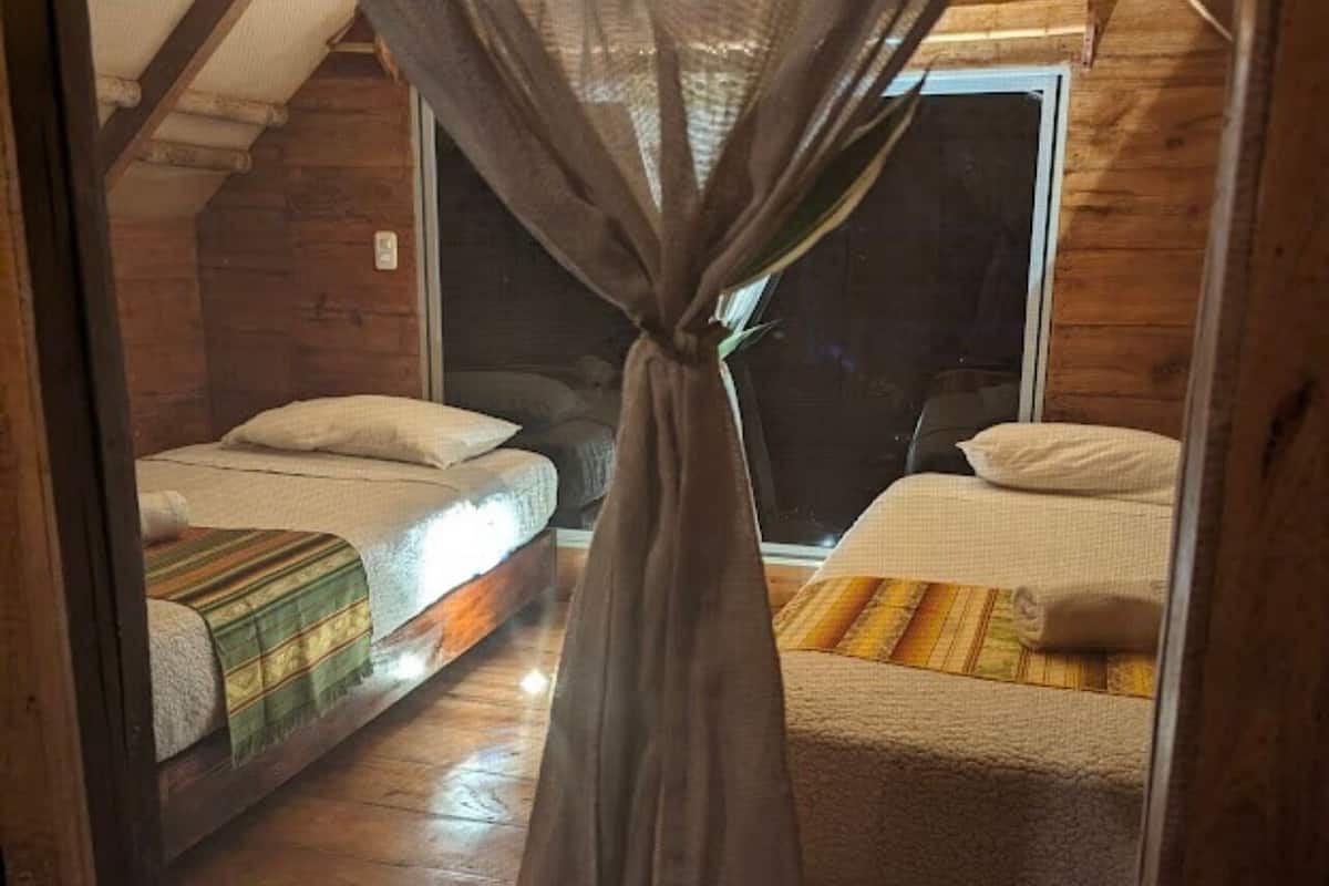 Une chambre confortable avec deux lits, une grande fenêtre et un rideau.