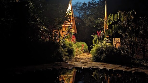 Een tuin 's nachts met een vijver, bomen en een gebouw met een puntig dak.