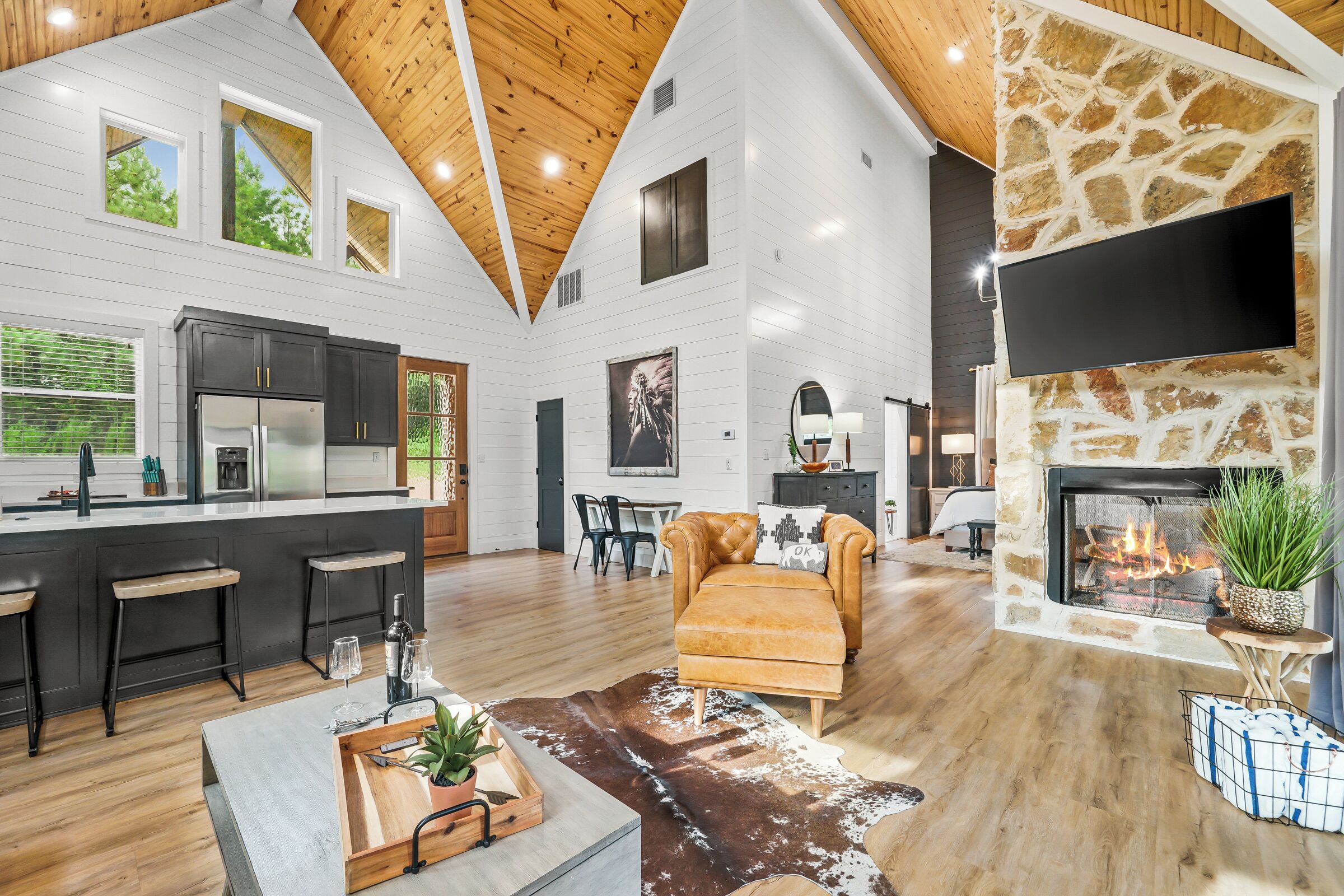 TV connectée, cheminée, livres