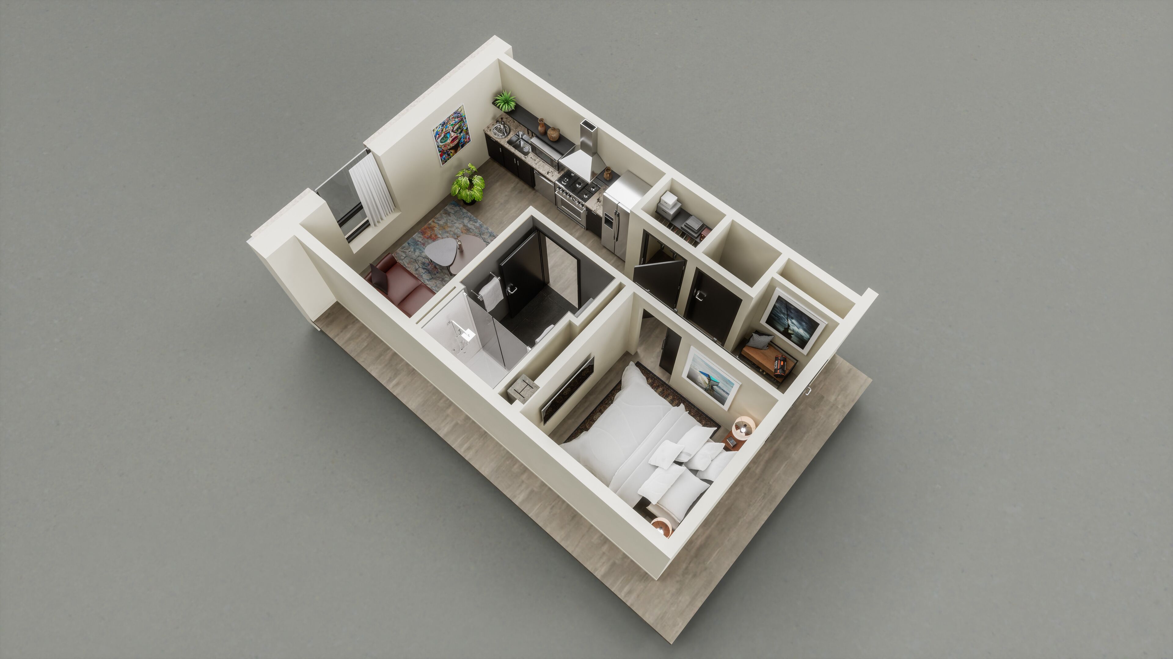 A 3D floor plan of a modern apartment with a kitchen, dining area, living room, and two bedrooms.