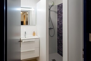 Douche, séchoir à cheveux, serviettes fournies