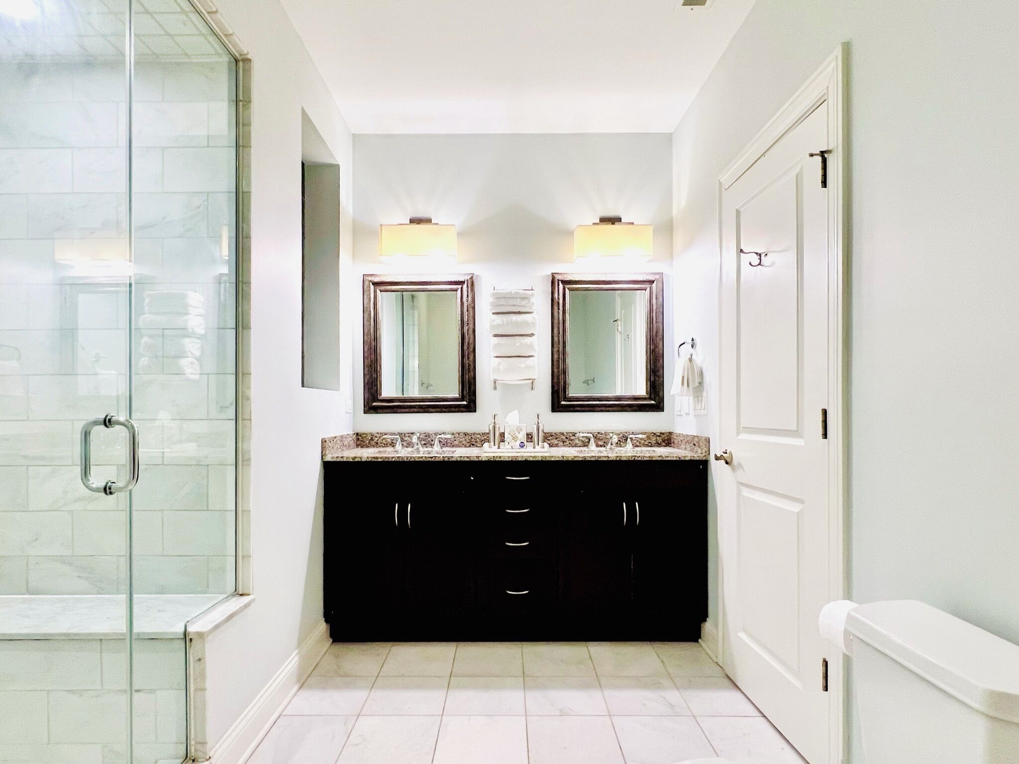 Shower, towels, soap, shampoo