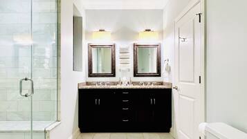 Shower, towels, soap, shampoo