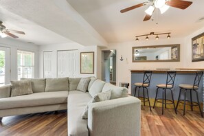 TV, fireplace - Fire Pit & Dock: Lake of the Ozarks Retreat! (Roach)
