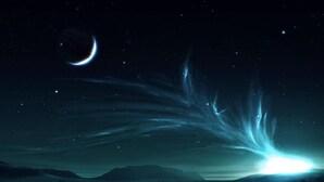 Eine karge Landschaft mit einer hellen Lichtquelle und einem sichelförmigen Mond am Himmel.