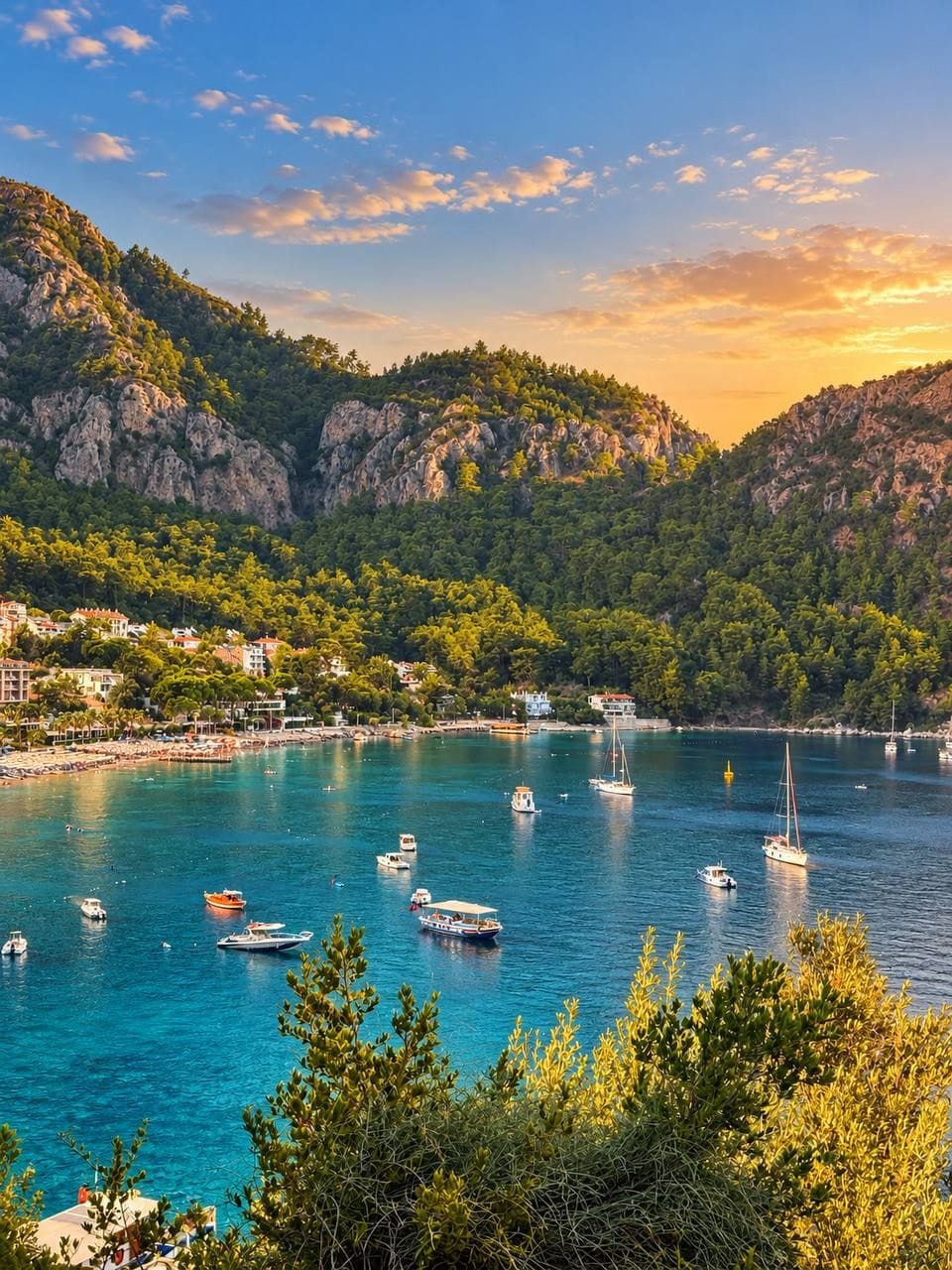 A coastal town with boats on the water, buildings on the hillside, and a clear sky.