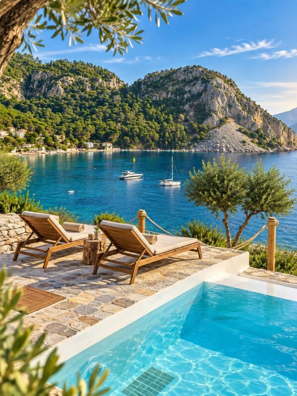 A poolside area with lounge chairs and a view of a lake with boats.