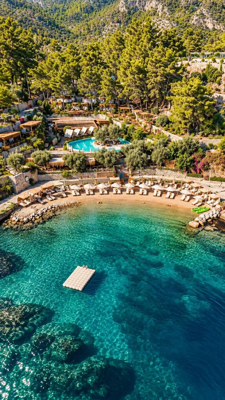 A coastal resort with a swimming pool, sun loungers, and a clear turquoise sea.