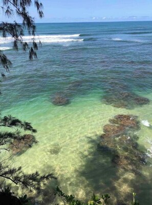 A clear view of a beach with calm waters and visible underwater rocks.