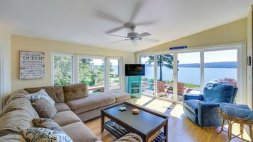 TV, fireplace, books, video library