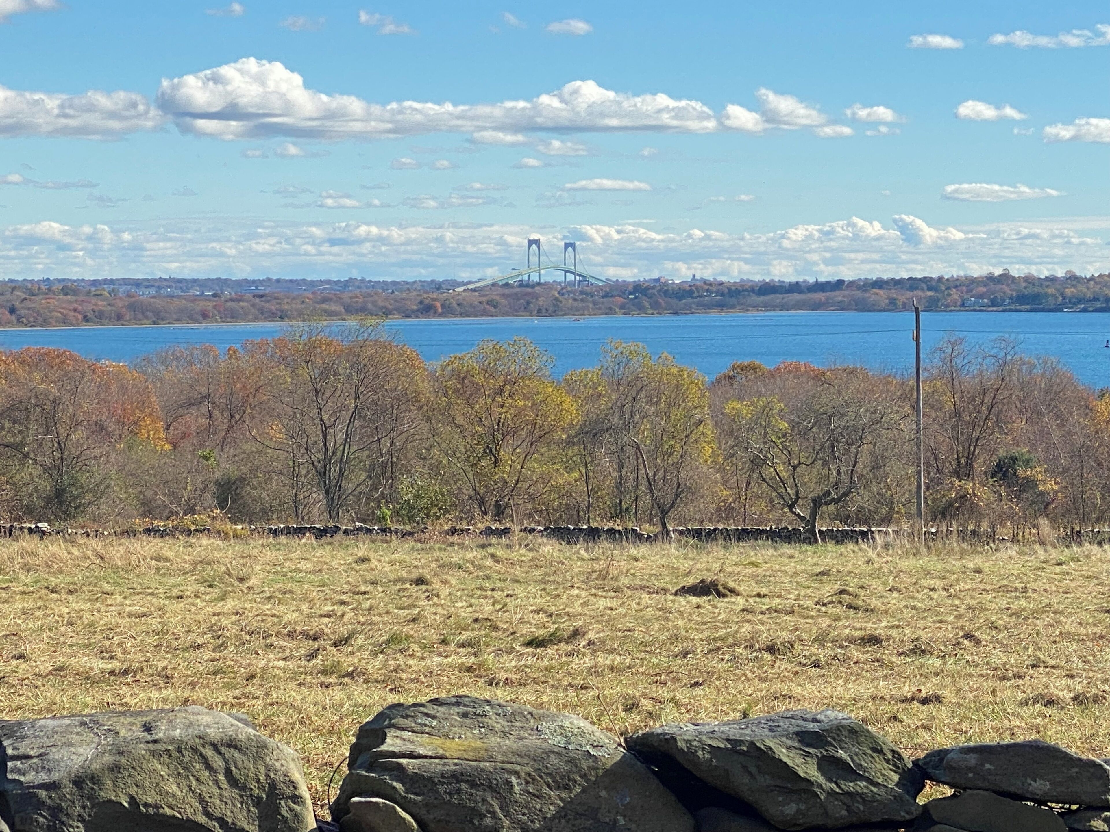 A view of a lake with a bridge in the distance, surrounded by trees and a stone wall.