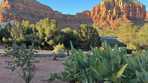A desert landscape with cacti and a mountain in the background. - Hiker's Paradise infinity pool, trail access to Chapel of Holy Cross and Mystic (Sedona)