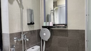 Une salle de bain équipée d’un lavabo, de toilettes, d’une douche et d’un miroir.