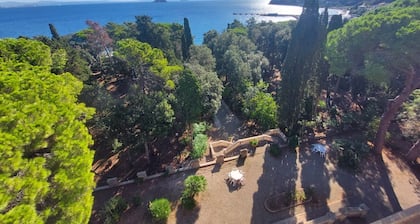 In a beautiful private park with swimming pool and tennis court, with direct access to the beach, first-floor flat with lift with beautiful sea-view terrace. It consists of a nice living room with dining area, double sofa bed, walled kitchen : the living