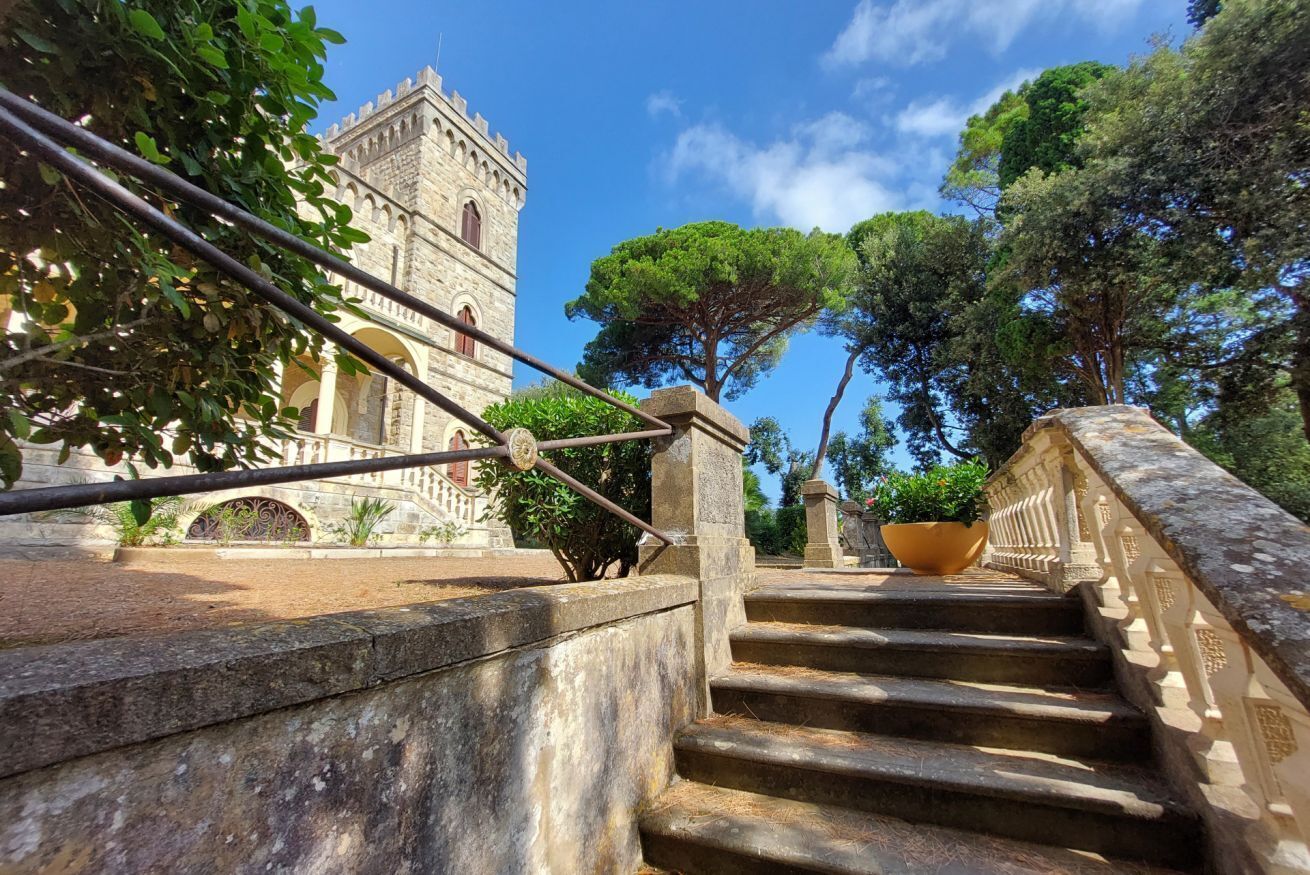 A stone staircase leading to a historic building with a tower, surrounded by trees and a clear sky.