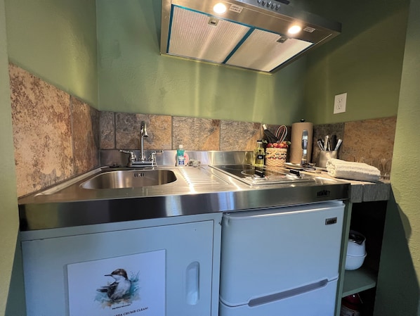 Fridge, microwave, coffee/tea maker