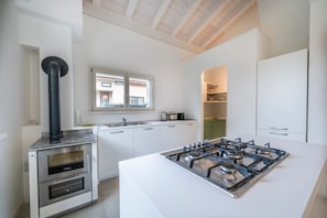 Une cuisine moderne équipée d’une cuisinière à gaz, d’un four et d’une cheminée.