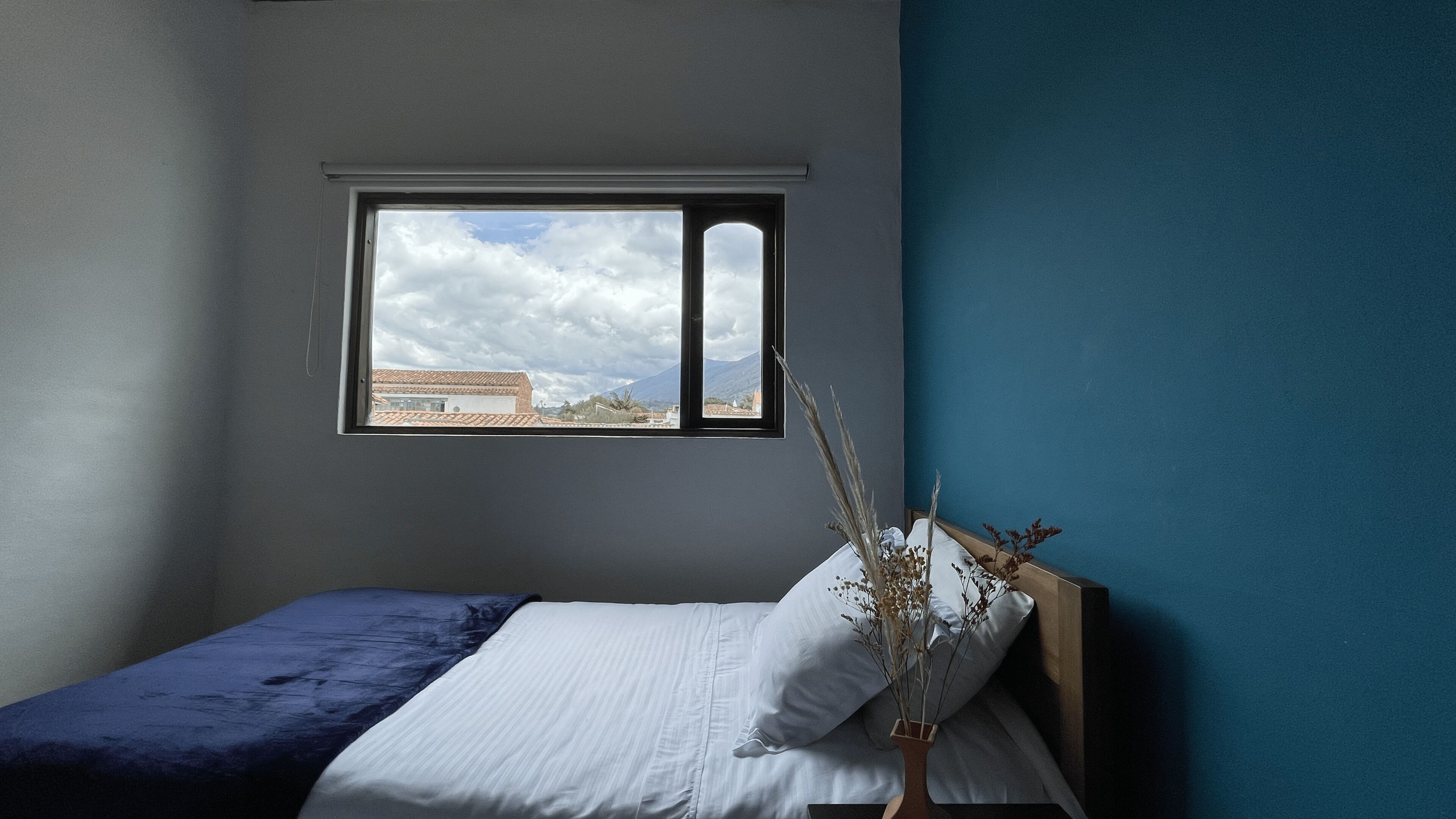 A bedroom with a single bed, a window with a view of a mountain and buildings, and a vase with dried plants on the nightstand.