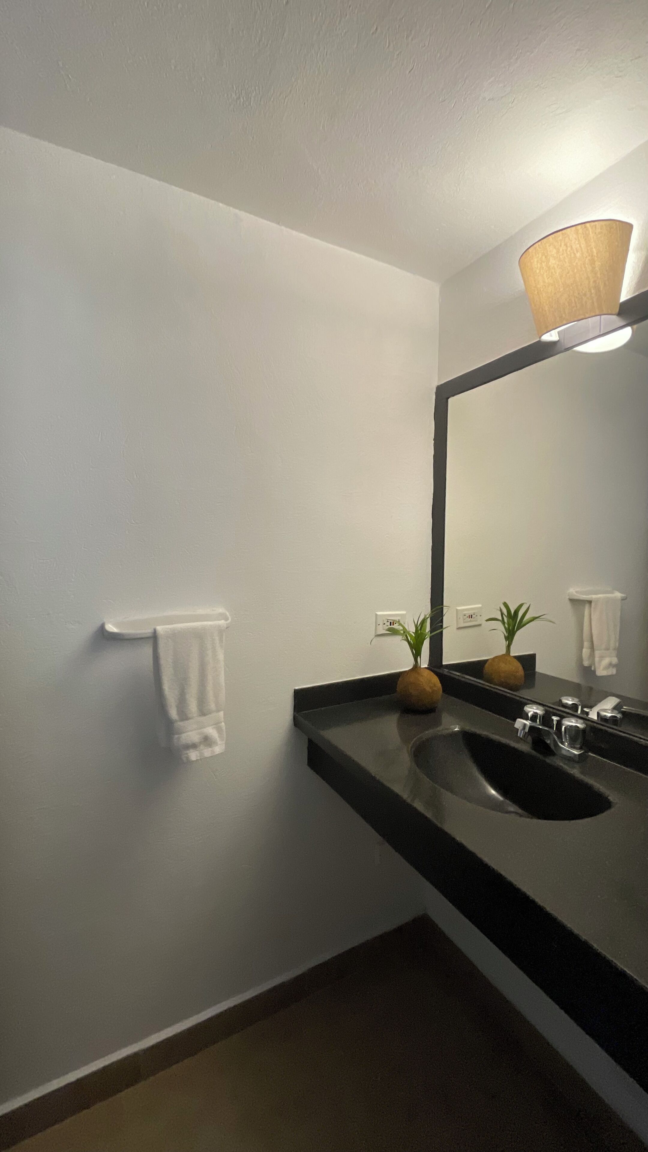 Un baño moderno con un espejo grande, un lavamanos y un perchero para toallas.