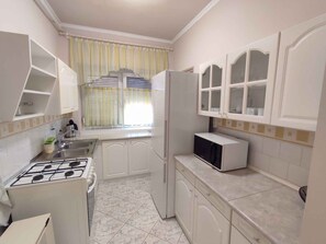 Frigorífico, microondas, horno y placa de cocina