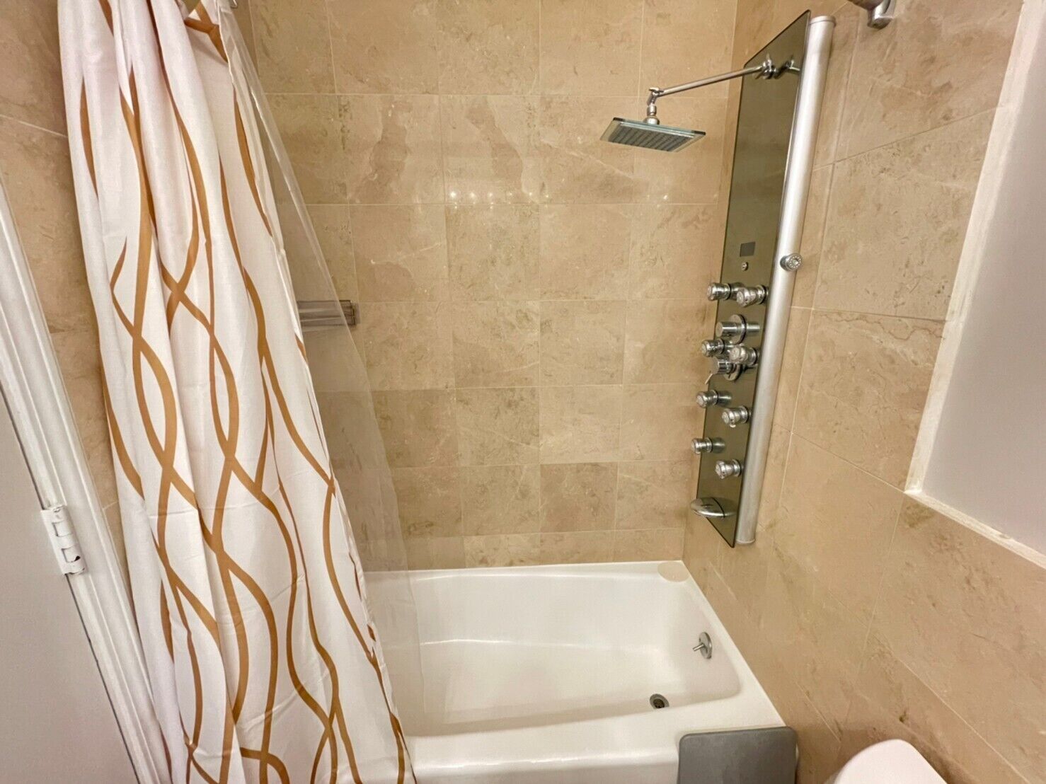 Hair dryer, towels, soap, shampoo