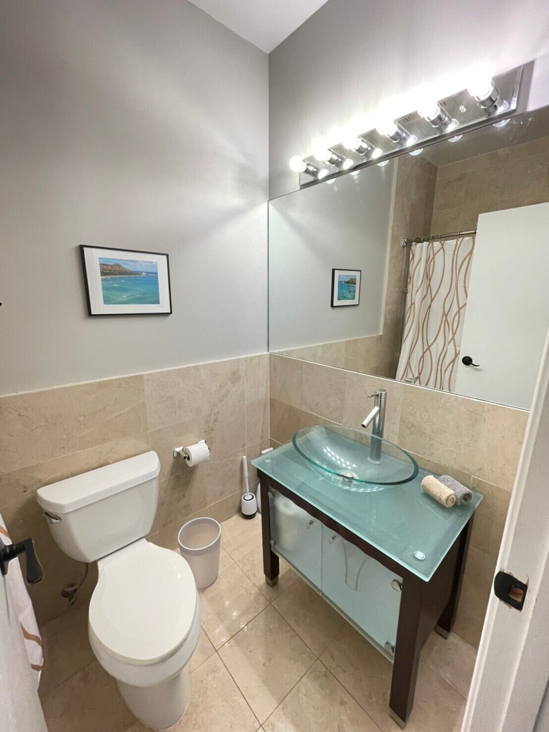 Hair dryer, towels, soap, shampoo