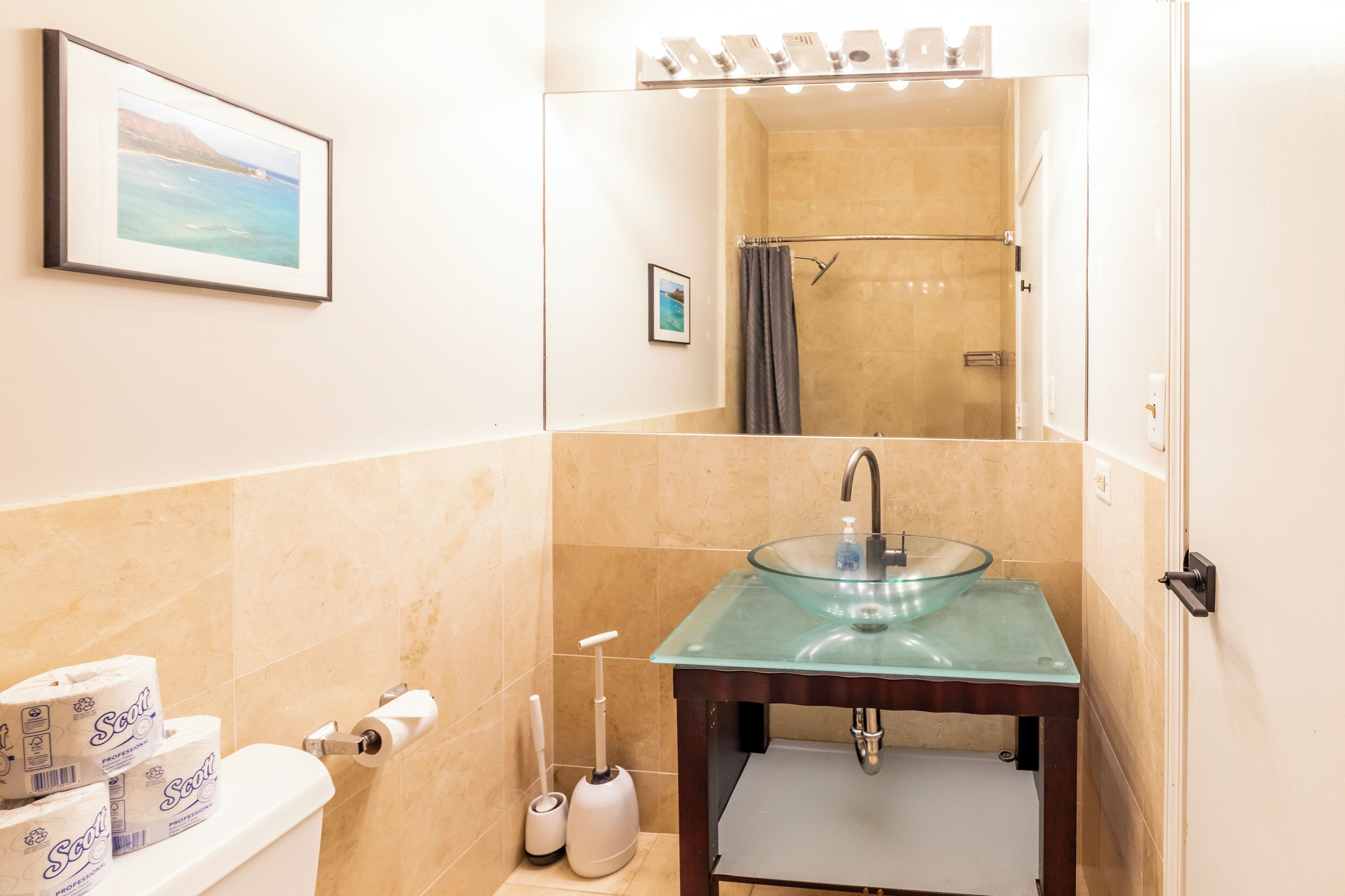 Hair dryer, towels, soap, shampoo