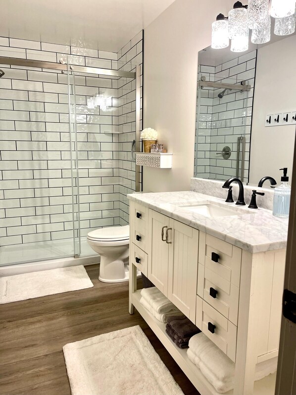 Shower, hair dryer, towels, soap