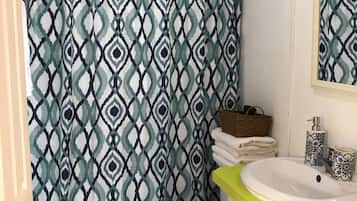 Regadera, secadora de cabello, jabón, shampoo