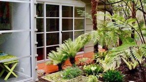 Un jardin avec différentes sortes de plantes et une table.