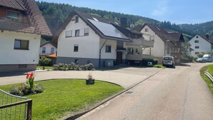 Une rue résidentielle bordée de maisons, avec une chaussée asphaltée et un espace verdoyant agrémenté de fleurs.