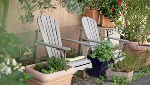 Two Adirondack chairs with cushions, potted plants, and a brick wall. - Apartment "Gill" with Wi-Fi (Staufen)