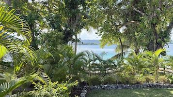 Un jardin luxuriant, où s’épanouissent de nombreuses plantes tropicales, et qui offre une vue sur une étendue d’eau paisible.