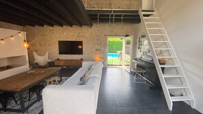 TV connectée, cheminée, lecteur de DVD, livres