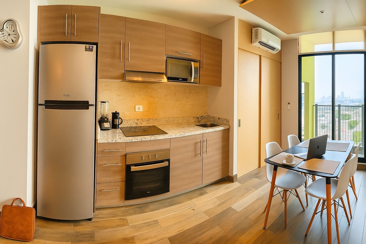 Coffee/tea maker, fridge, microwave, oven