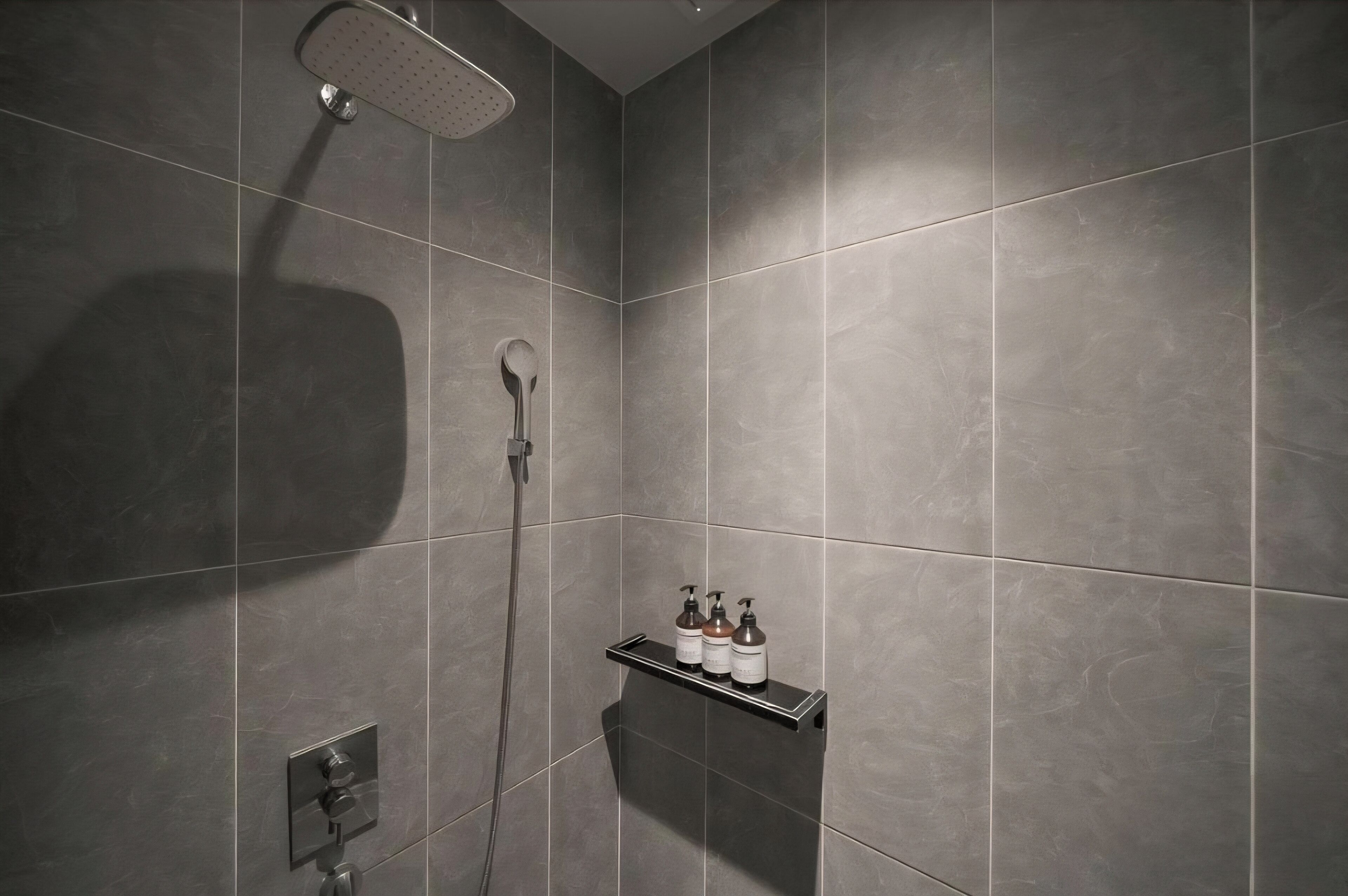 Ein modernes Duschbad mit Handbrause, am Wand montierter Armatur und Ablage für Toilettenartikel.