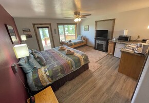 A bedroom with a bed, a desk, a television, and a fireplace.