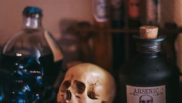 A shelf with a skull, a bottle labeled "ARSENIC," and other bottles in the background.