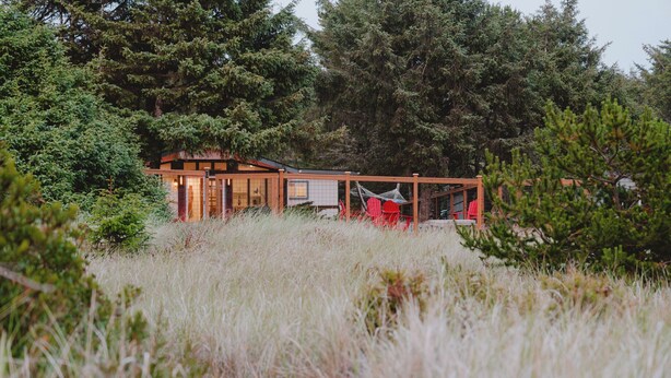 A cabin with a wooden exterior, surrounded by tall trees and grassy fields. - Remodeled Copalis Beach cottage with fully fenced yard (Ocean Shores)