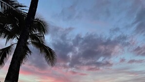 A beach with a sunset, palm trees, and ocean waves.