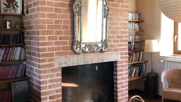 Télévision, cheminée, lecteur de DVD