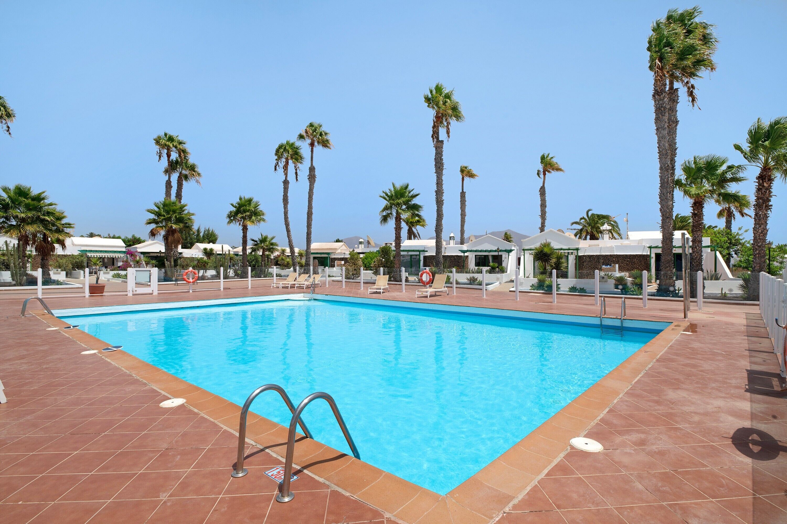 Une piscine avec une terrasse carrelée, des palmiers et des bâtiments en arrière-plan.